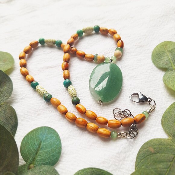 Long Stone Pendant Necklace, Bohemian Wood Beaded Necklace, Earthy & Organic - Picture 3 of 6